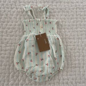 SOLD!!! NWT Angel Dear Cotton Muslin Smocked Stripe and Cherry One Piece Sunsuit